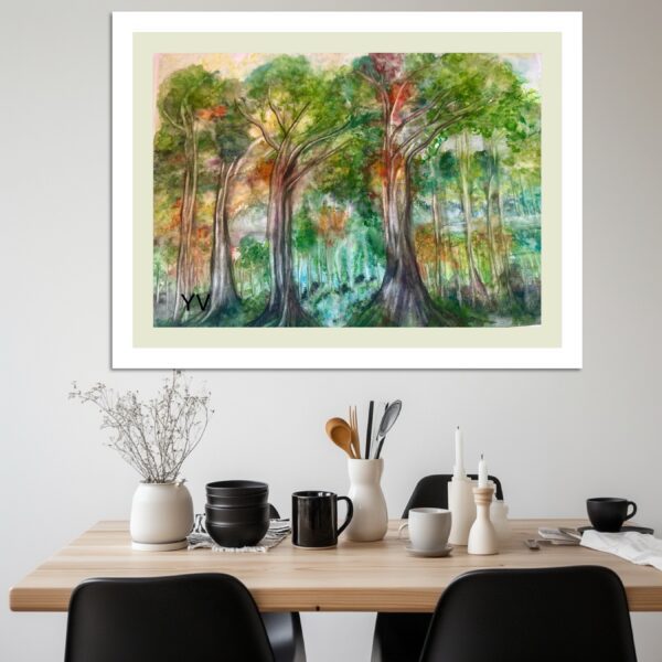 A painting of trees in the middle of a room