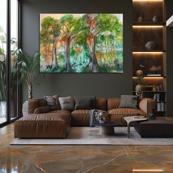 A living room with brown furniture and green walls.