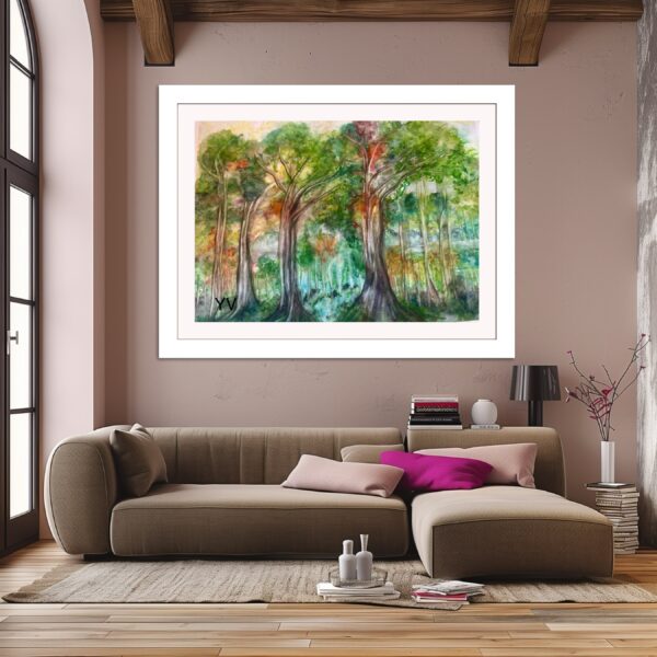 A living room with a couch and large painting