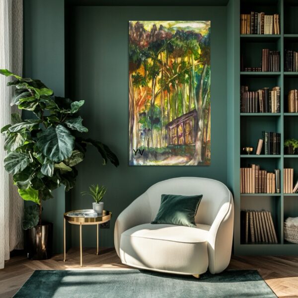 A painting of trees in the middle of a room.