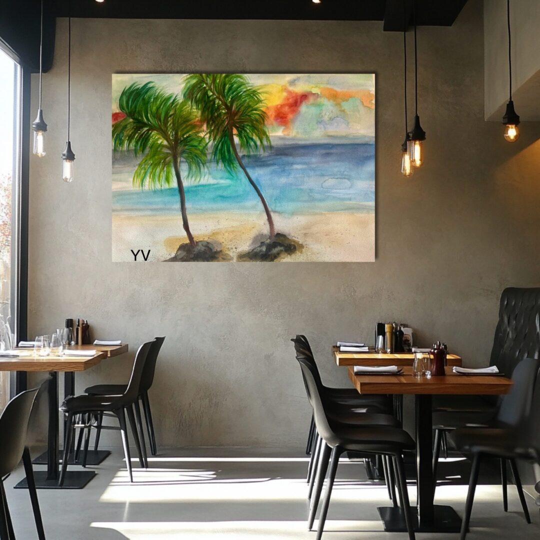 A painting of two palm trees in the middle of a restaurant.