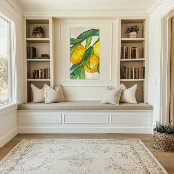 A painting of lemons hanging in the middle of a room.