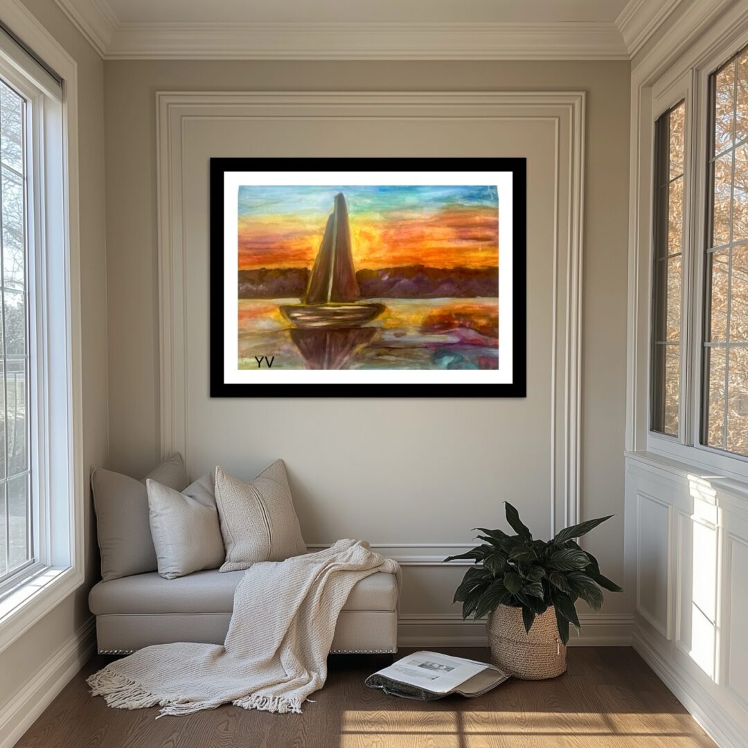 A painting of a boat in the water