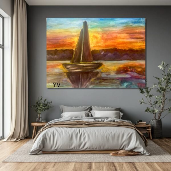 A painting of a sailboat in the water at sunset.