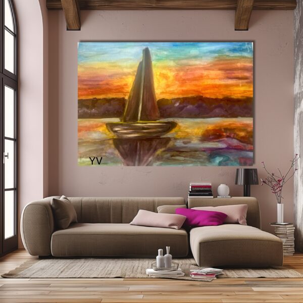 A painting of a boat in the water