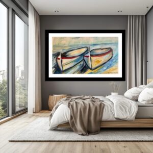 A painting of two boats on the water
