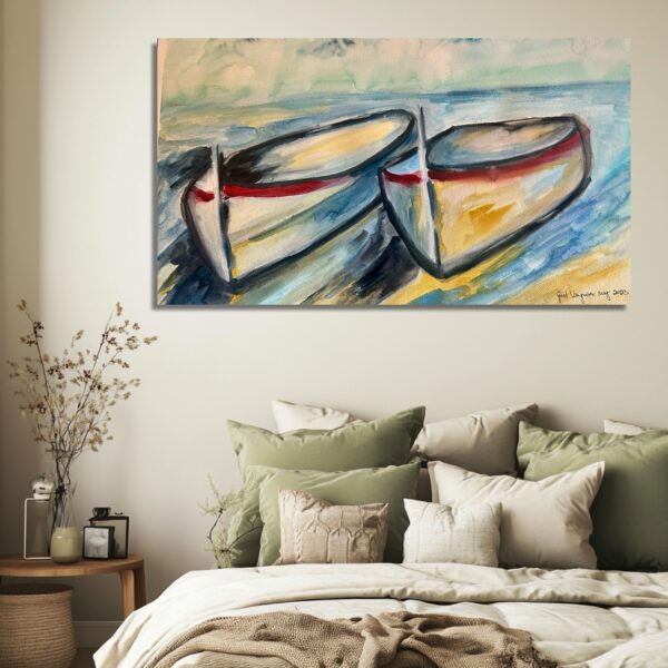 A painting of two boats on the water