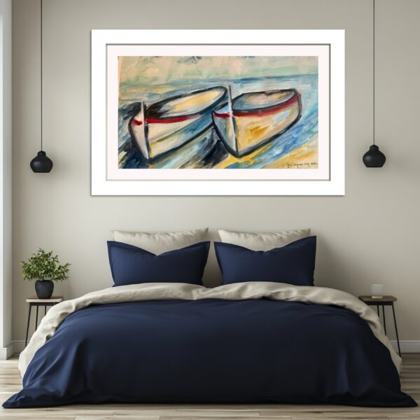 A painting of two boats on the water