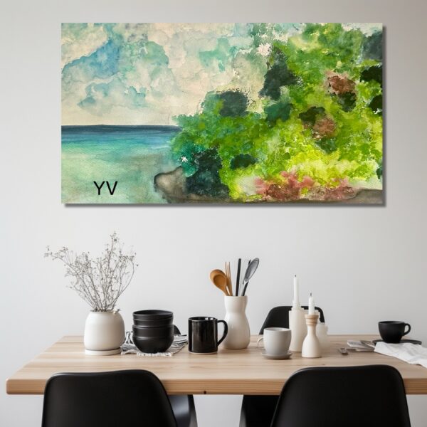 A painting of trees and water on the wall