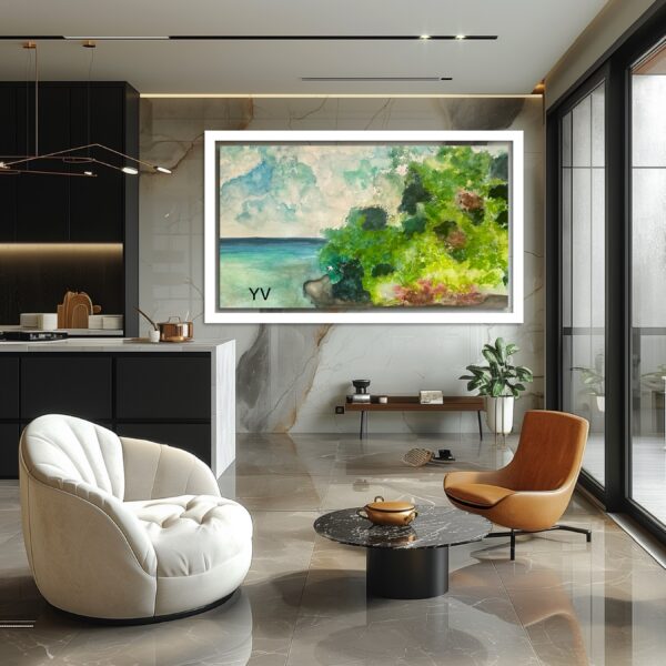 A living room with a large painting on the wall