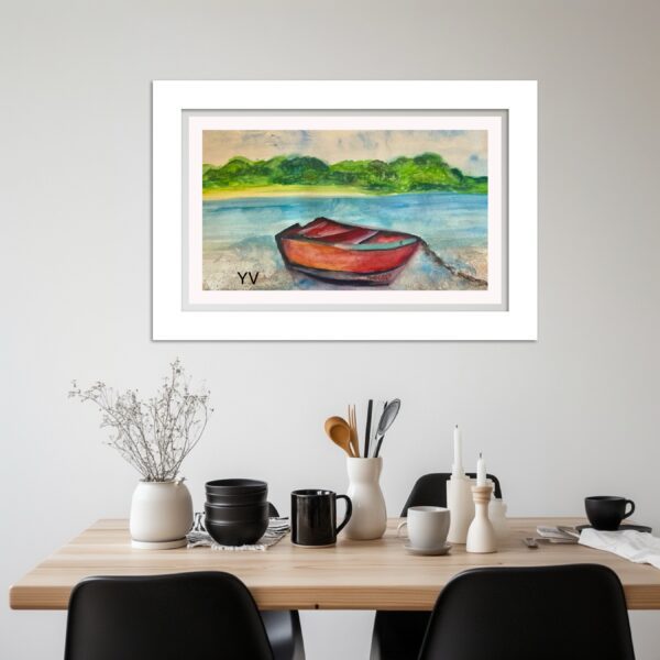 A painting of a boat on the water