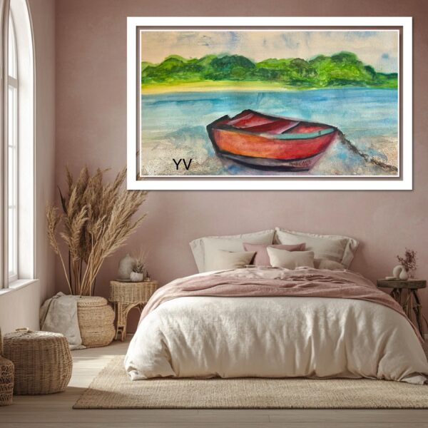 A painting of a boat on the water