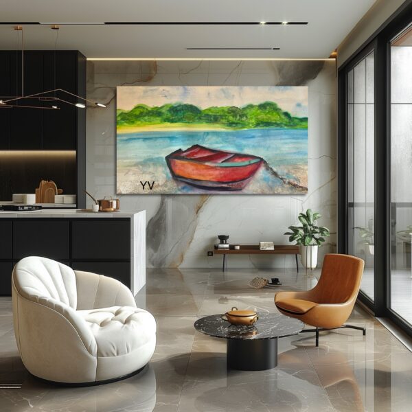 A painting of a boat in the water