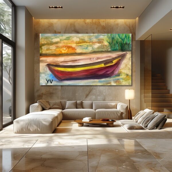 A painting of a boat in the middle of a living room.