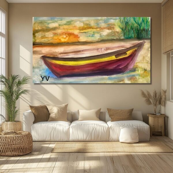 A painting of a boat on the water