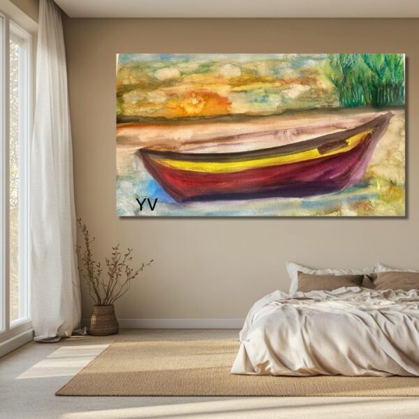 A painting of a boat on the water