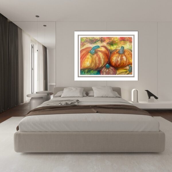 A bedroom with a bed and a painting of pumpkins.