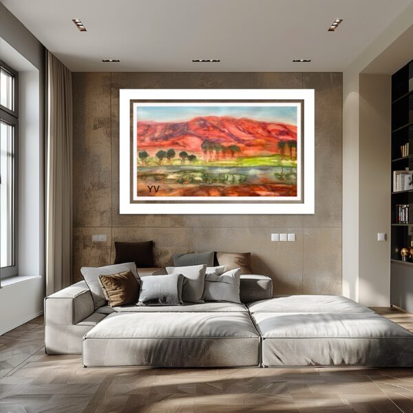 A large painting of horses in the background