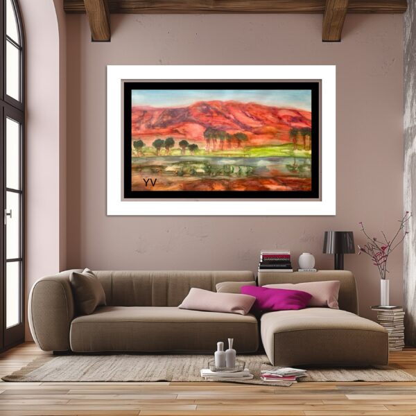 A living room with couches and a large painting