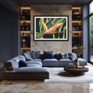 Modern living room with a large blue sectional sofa, abstract wall art, and built-in shelving with warm lighting.