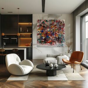 Modern living room with abstract wall art, stylish white and brown chairs, a round glass coffee table, and warm lighting.
