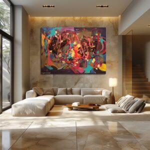 A modern living room with a large abstract colorful painting above a beige sectional sofa and natural light from large windows.