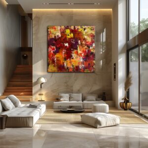 A modern living room with high ceilings, large windows, neutral furniture, and a vibrant abstract painting on the wall.