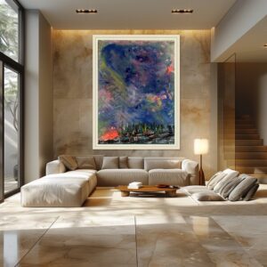 A modern living room with a large abstract painting featuring vibrant blues and reds on the wall above a neutral-toned sofa.