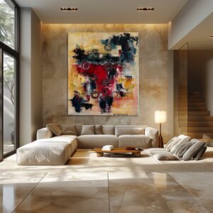 Modern living room with large abstract painting, neutral-toned furniture, and warm lighting creating a cozy atmosphere.