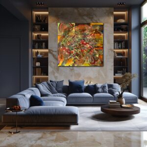 Modern living room with a large gray sectional sofa, wooden shelves, and a vibrant abstract painting on the wall.