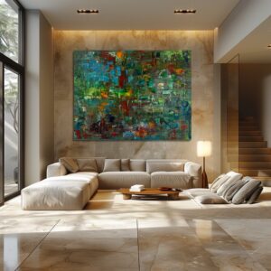 A spacious modern living room with a large colorful abstract painting on the wall above a beige sectional sofa.