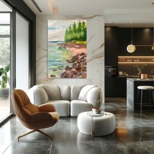 Modern living room with a white sofa, brown chair, and a nature landscape painting on the wall.