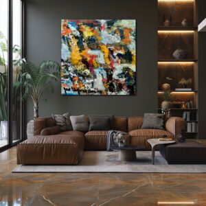 Modern living room with brown sectional sofa, abstract colorful painting, and built-in wooden shelves with decor.