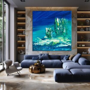 Modern living room with a large ocean-themed painting above a blue sectional sofa.