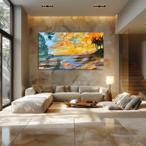 A modern living room with large windows, neutral furniture, and a colorful abstract painting on the wall.