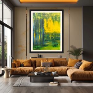 Modern living room with a large abstract yellow and green forest-themed painting above a brown sectional sofa.