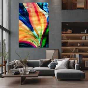 Modern living room with a large colorful abstract painting on the wall above a gray sectional sofa.