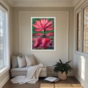 A cozy nook with a cushioned seat, soft throw, plant, and a vibrant pink lotus flower painting on the wall.