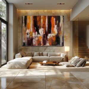 A modern living room with a large abstract painting in warm tones hanging above a beige sectional sofa.
