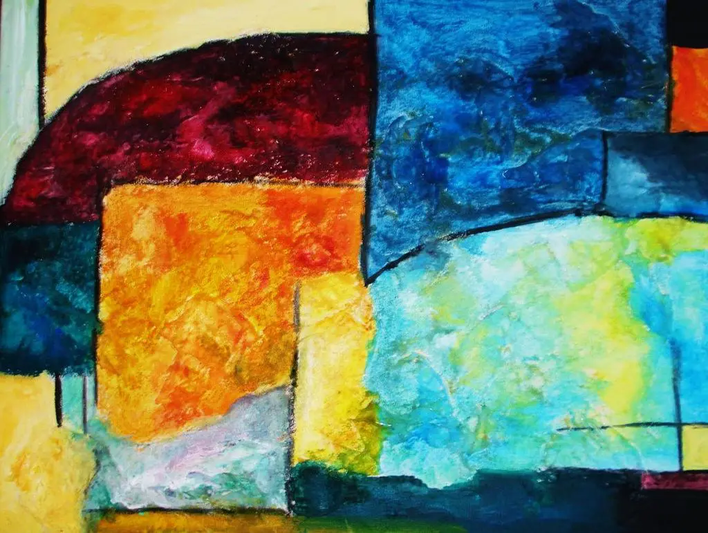 Abstract painting with vibrant blocks of red, orange, blue, and yellow colors.