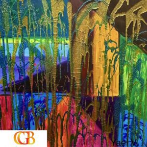 Colorful abstract painting with dripping paint and vibrant hues.