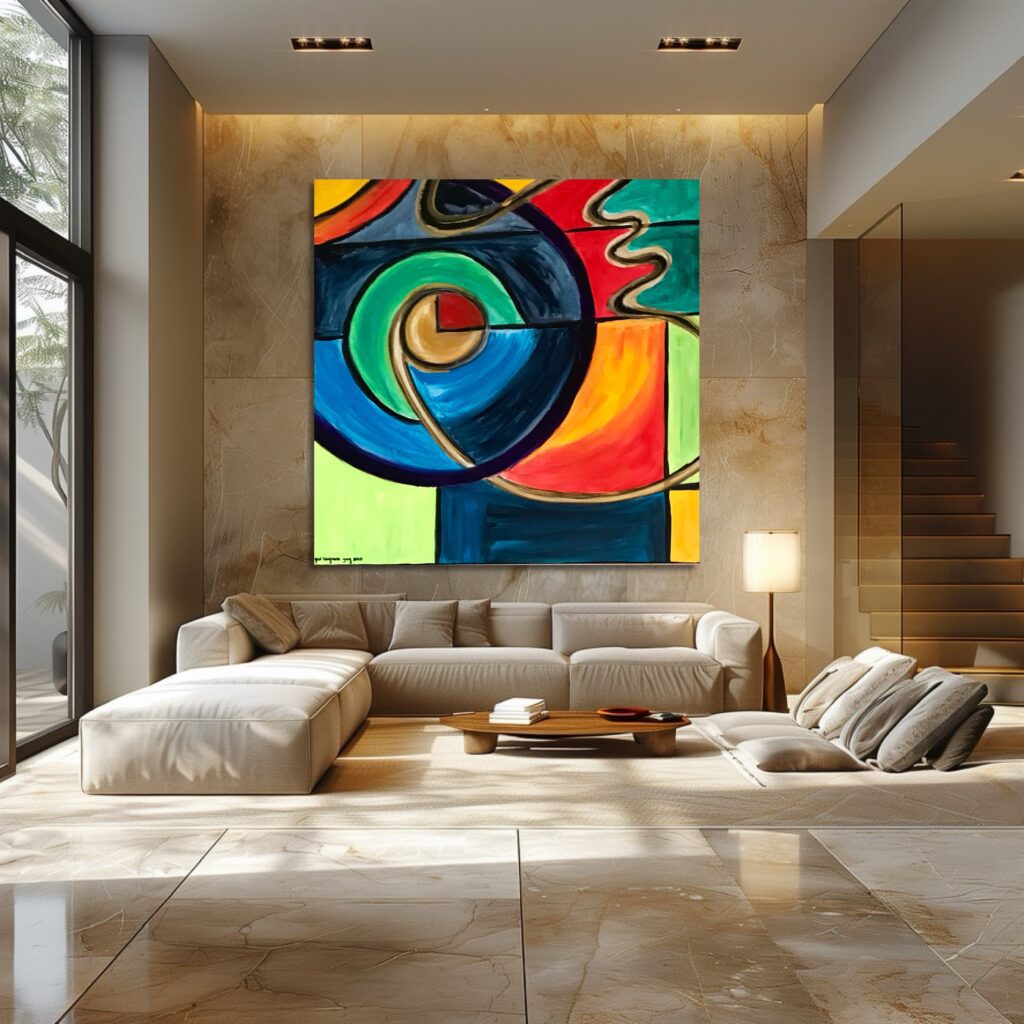 Colorful abstract painting brightens a modern living room.