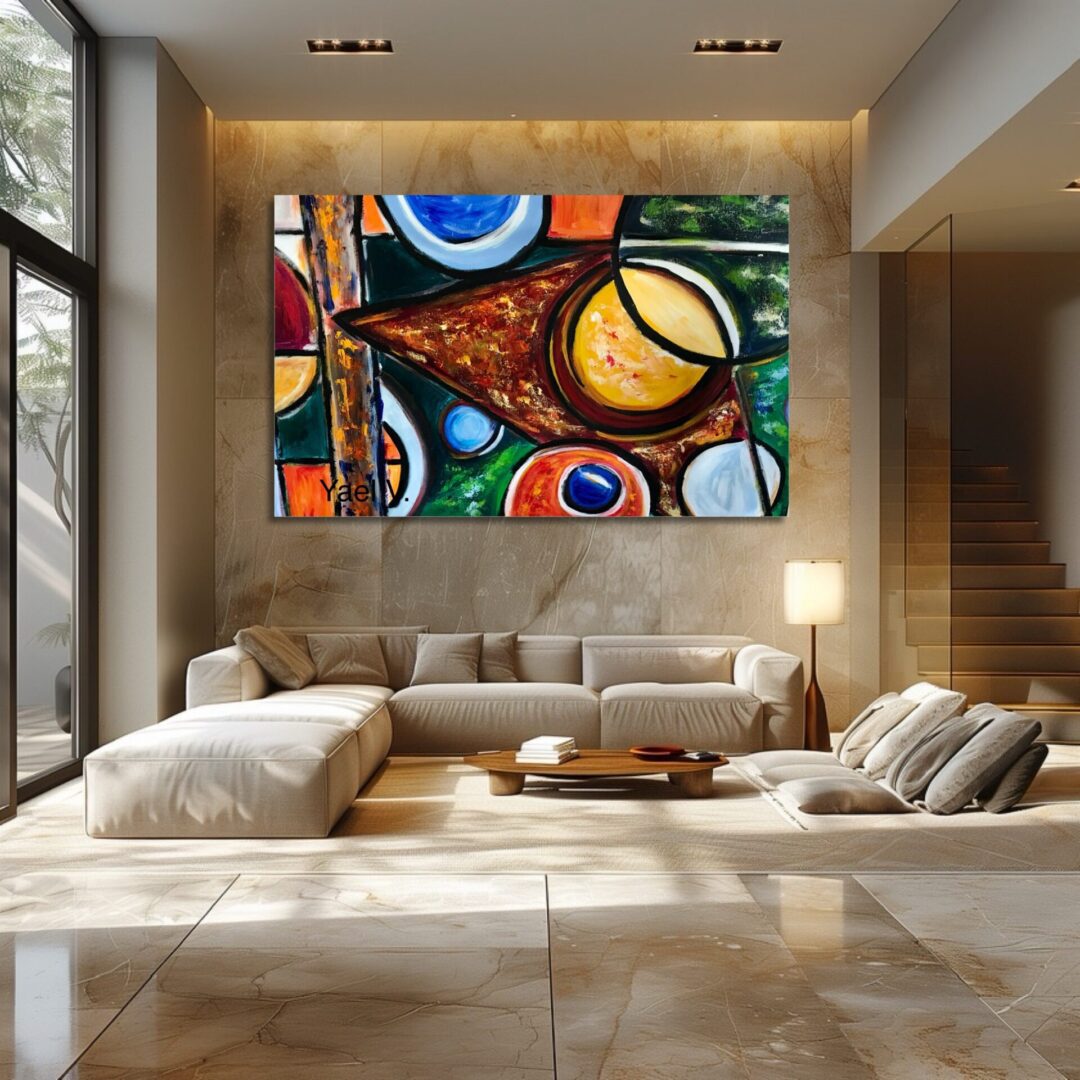 Modern living room with vibrant abstract painting above sofa.