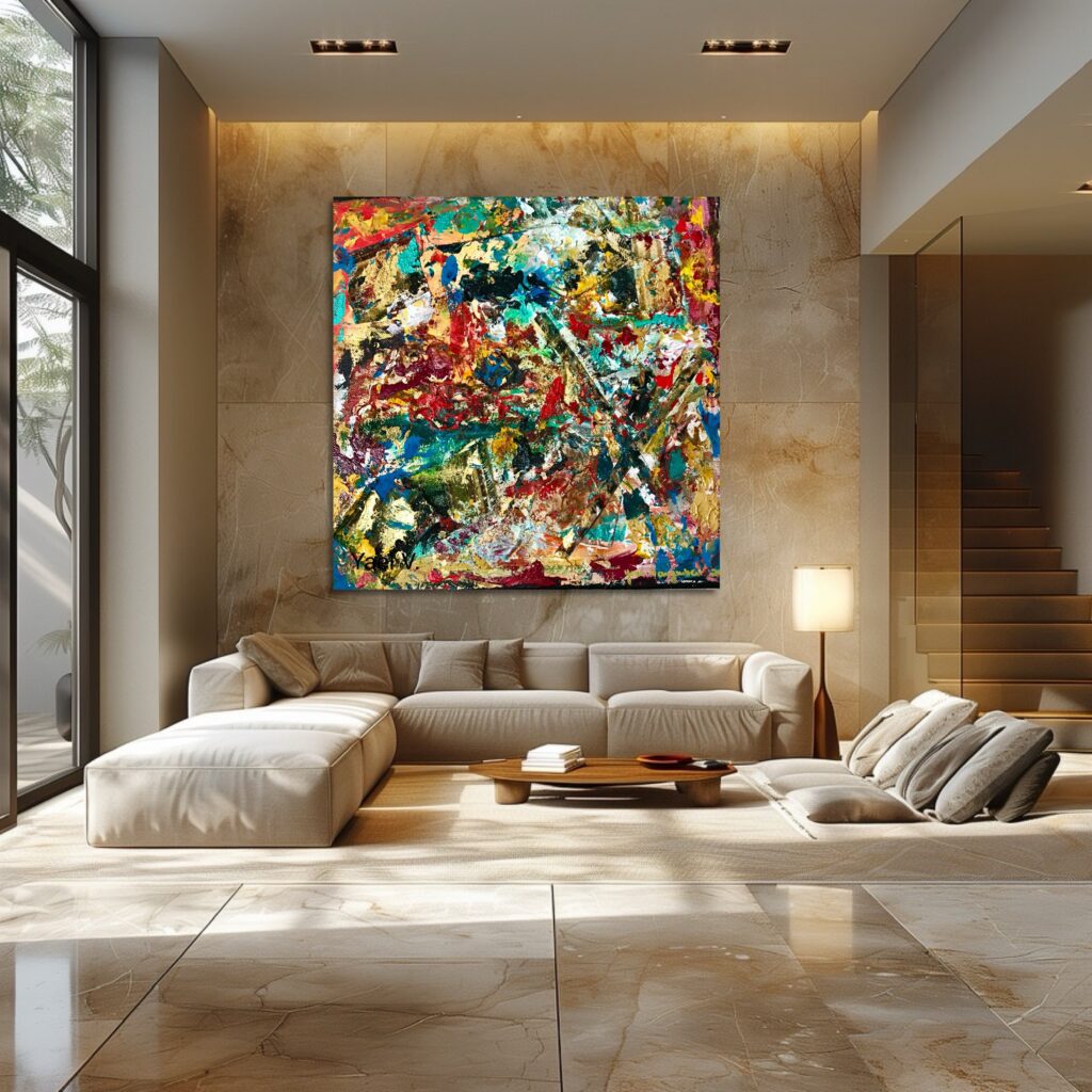 Modern living room with colorful abstract art above the sofa.