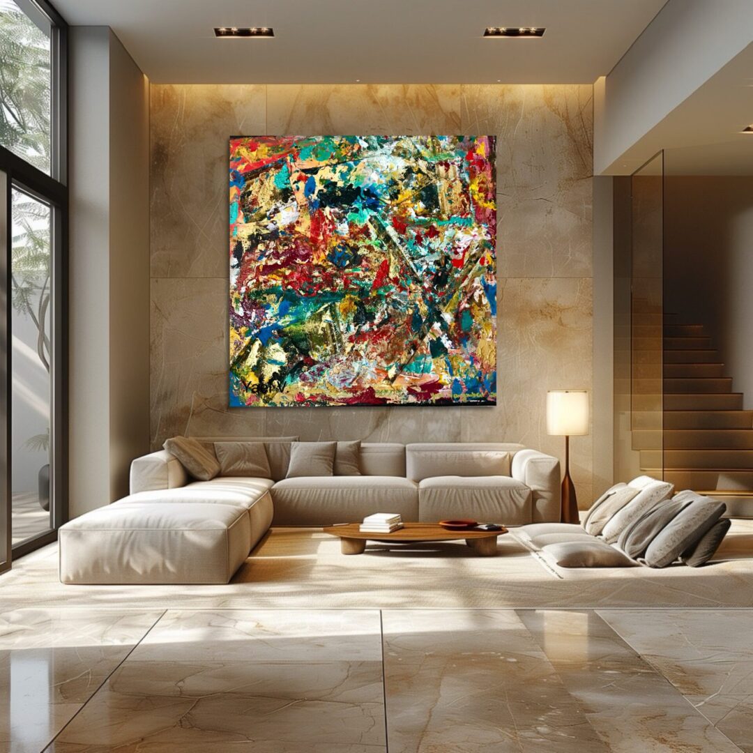 Modern living room with colorful abstract art above the sofa.