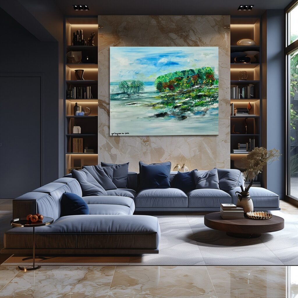 Modern living room with a large blue sectional sofa and landscape painting.