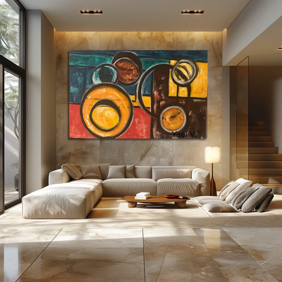 Modern living room with abstract wall art and neutral tones.