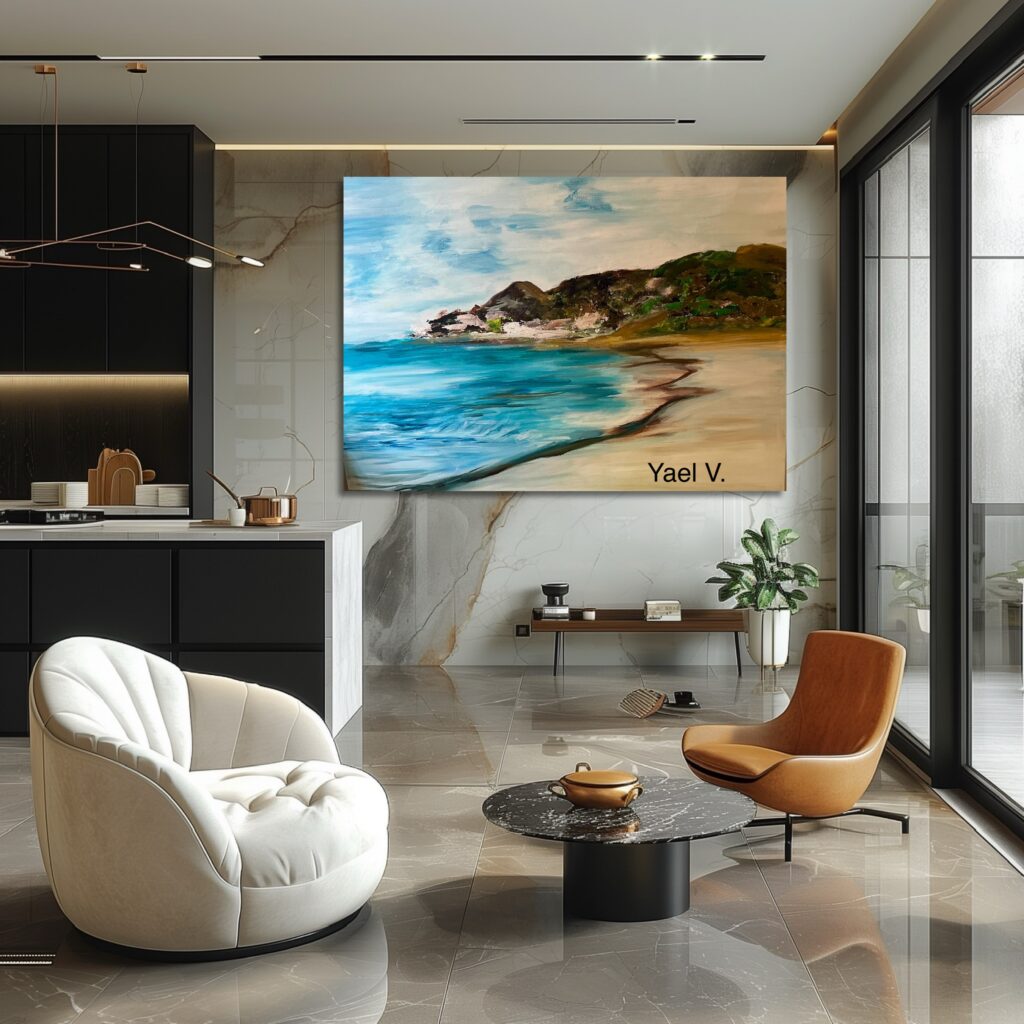 Modern living room with coastal artwork and stylish furniture.