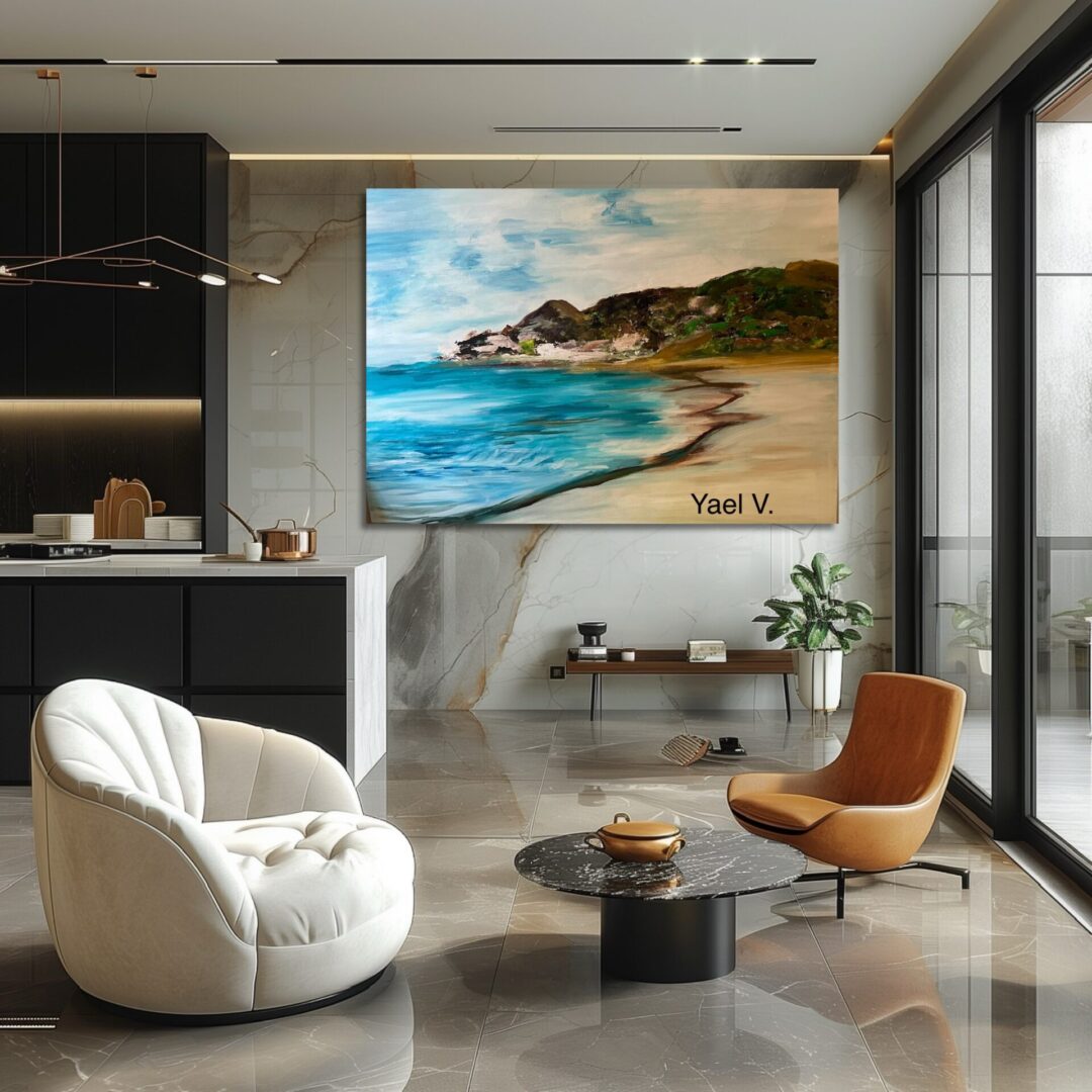 Modern living room with coastal artwork and stylish furniture.