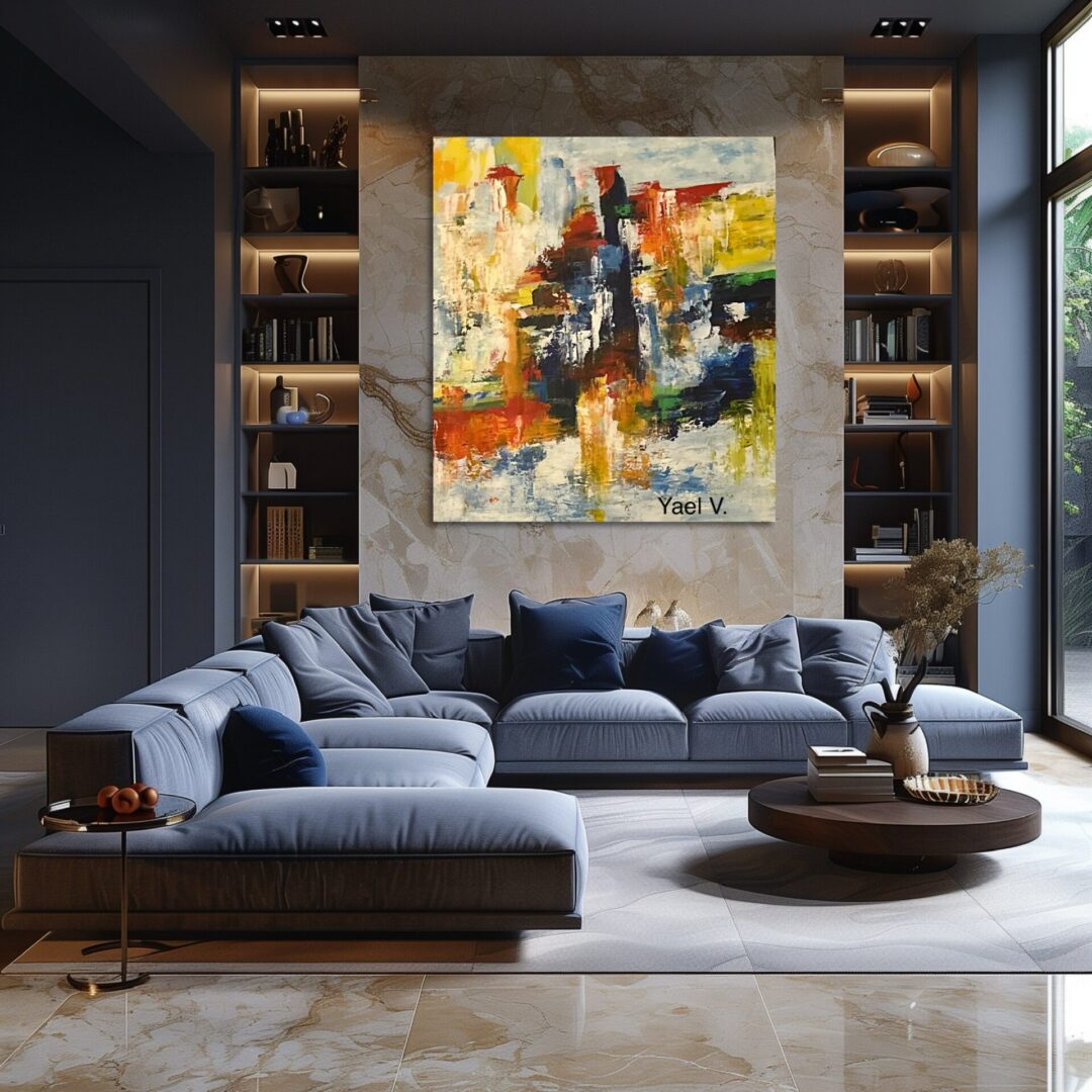 Modern living room with a large abstract painting and cozy sectional sofa.